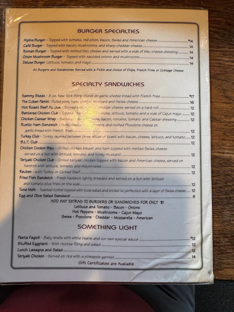 Menu showing sandwiches, salads, and light plates.