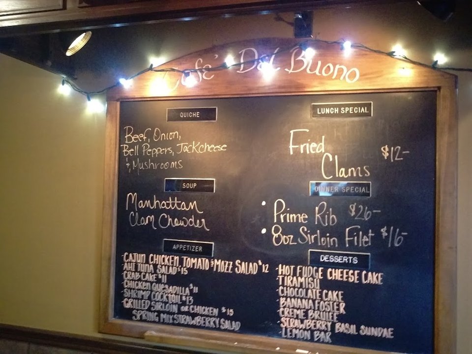 Close-up of menu items from an Italian restaurant.
